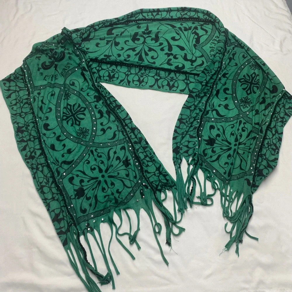 Affliction Live Fast Scarf Green Black Gothic Fleur De Lis Studded Fringe Y2K